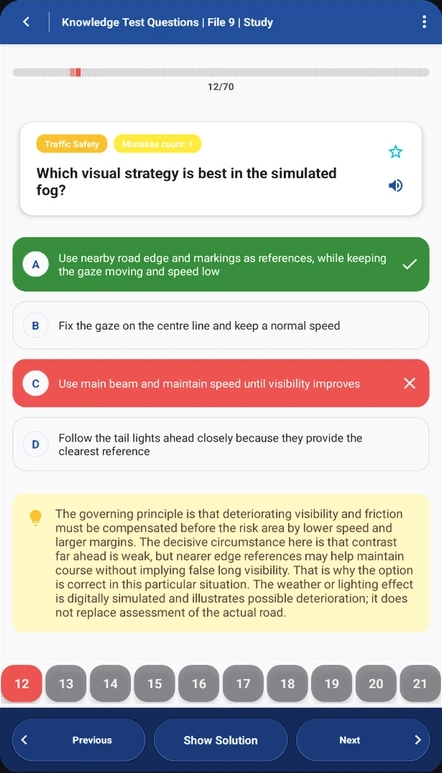 Driving theory question with instant feedback and explanation in GodKänt
