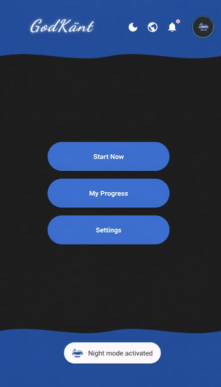 GodKänt home screen in the selected language